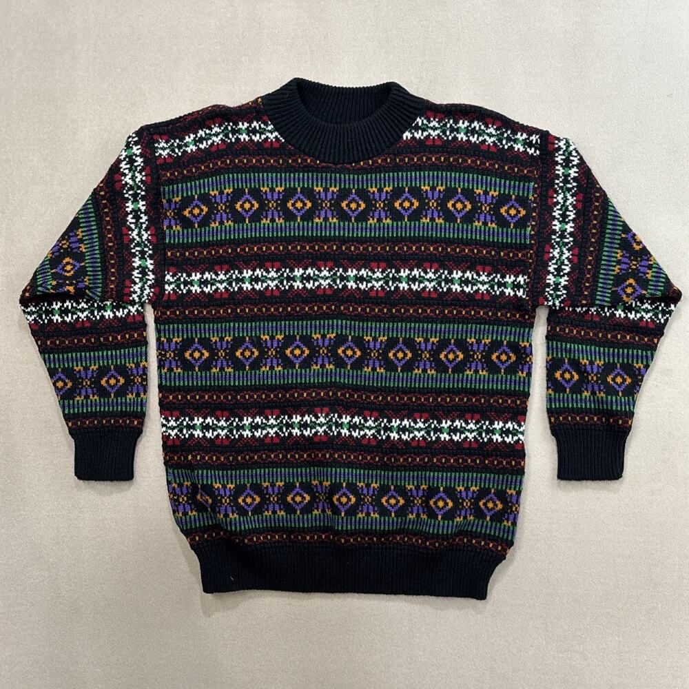 Vintage Donagain 80s 90s Mens Size Large Black Sweater Geometric Acrylic AOP